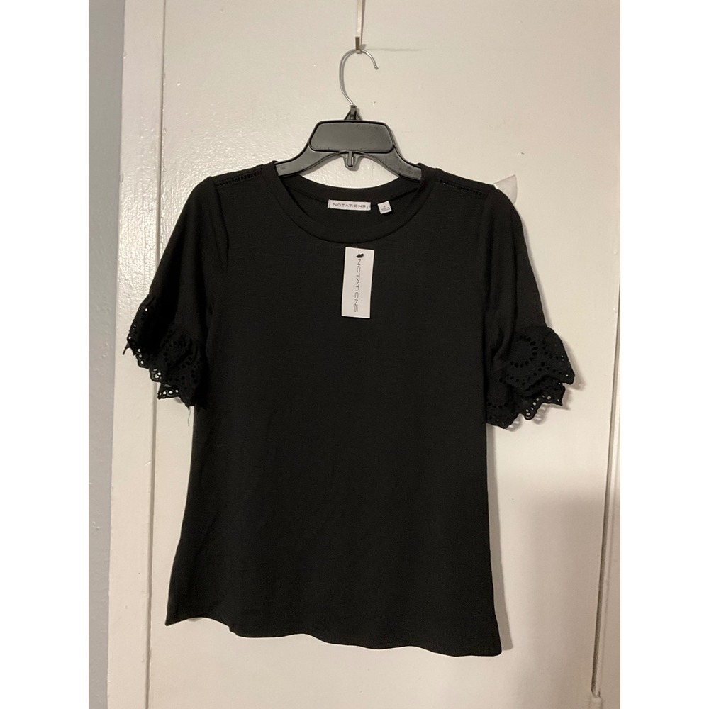 Notations Black Eyelet Lace Ruffle Short Sleeve Top Crew Neck Small NWT